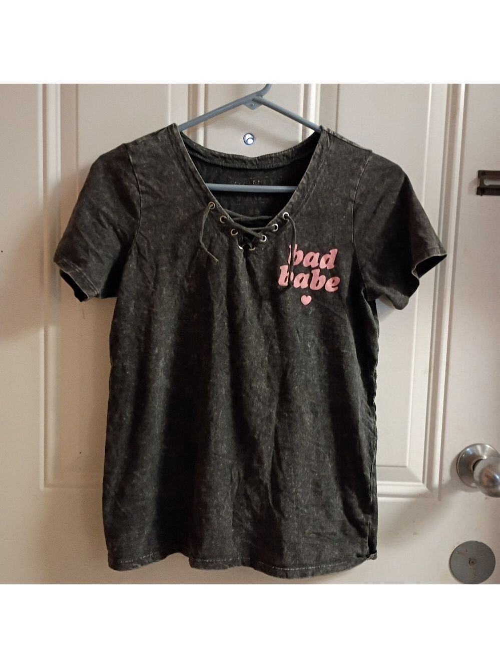 2/$10 Mighty Fine Acid Wash Bad Babe Gray Lace-Up Tee XS